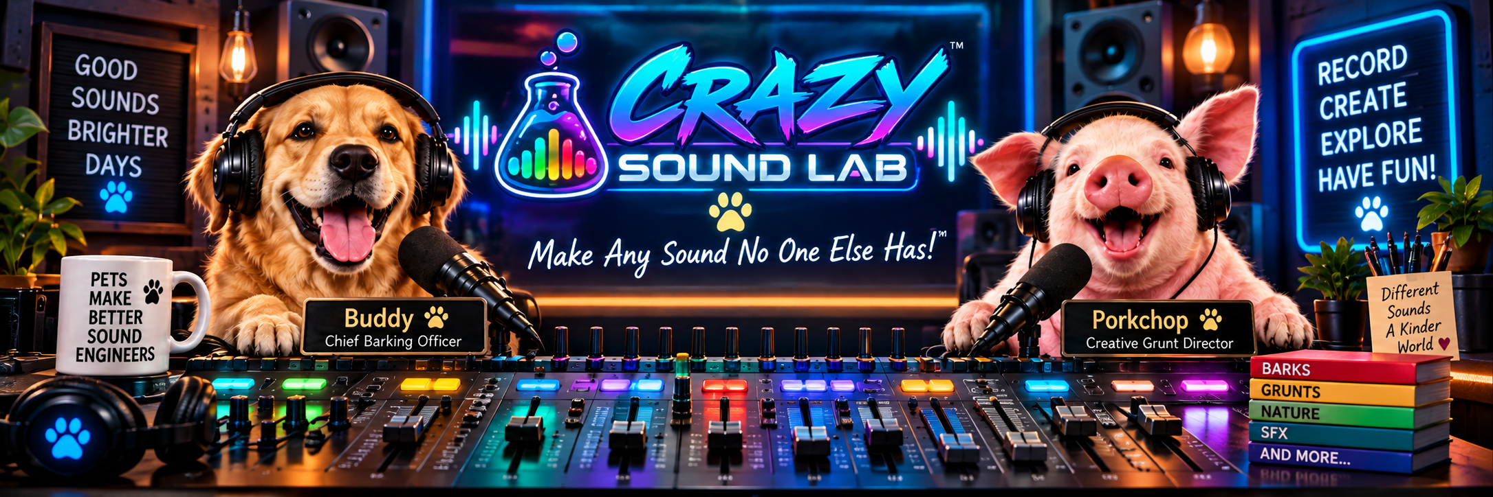 Buddy the yellow lab and Porkchop the pig wearing studio headphones in the Crazy Sound Lab recording studio